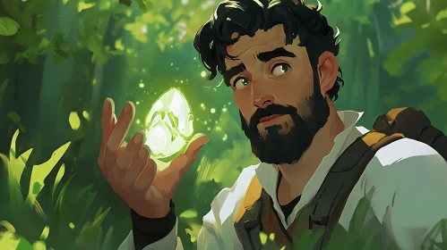 Man with Crystal in Forest Illustration