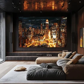 Modern Urban Living Room with Nighttime Cityscape