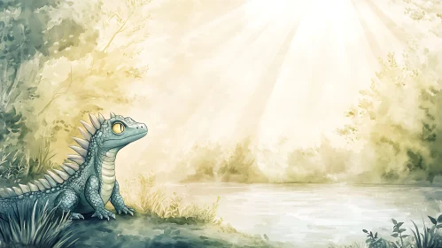 Watercolor Lizard near Lake