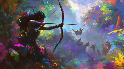 Elven Archer in Colorful Jungle Scene