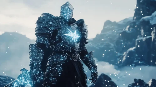 Glowing Armor Knight in Snowy Mountains