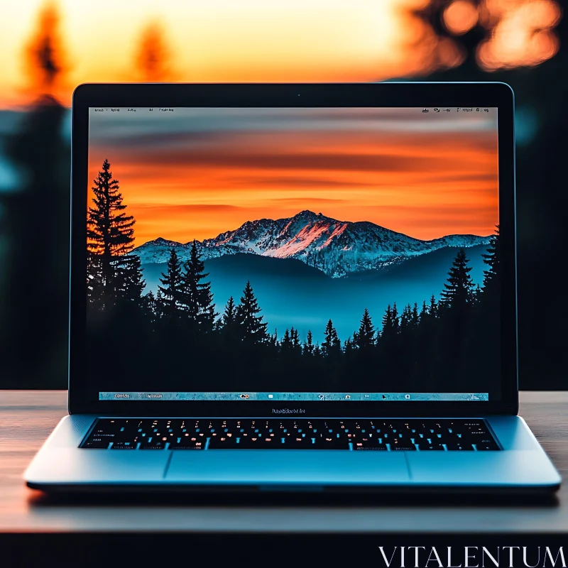 Tech with Nature: Laptop and Sunset Mountain View AI Image