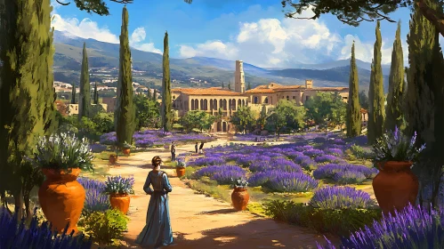 Woman Gazing at Italian Villa Surrounded by Lavender