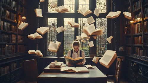 Woman Reading Surrounded by Floating Books