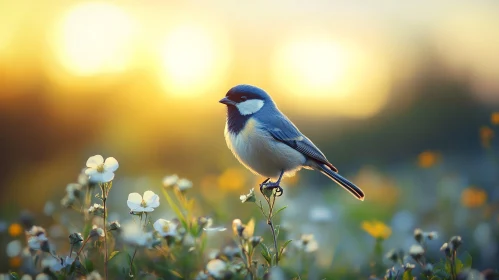 Small Bird Among Wildflowers at Sunset
