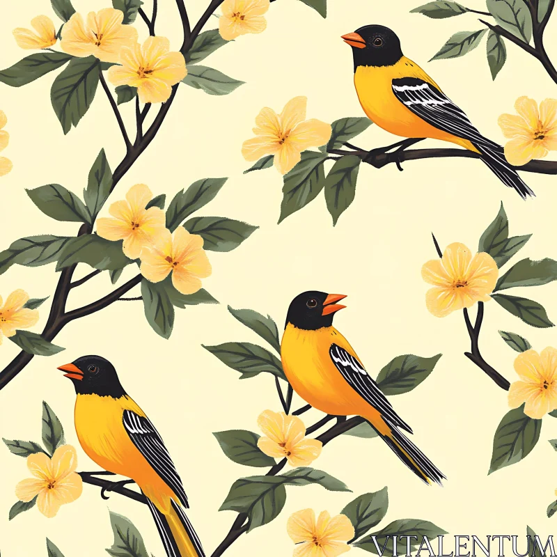 AI ART Floral Bird Pattern with Yellow Accents