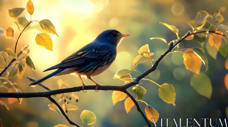 AI ART Small Bird Perched on Tree Branch