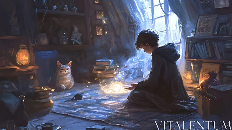 Magical Boy with Cat in Cozy Room AI Image