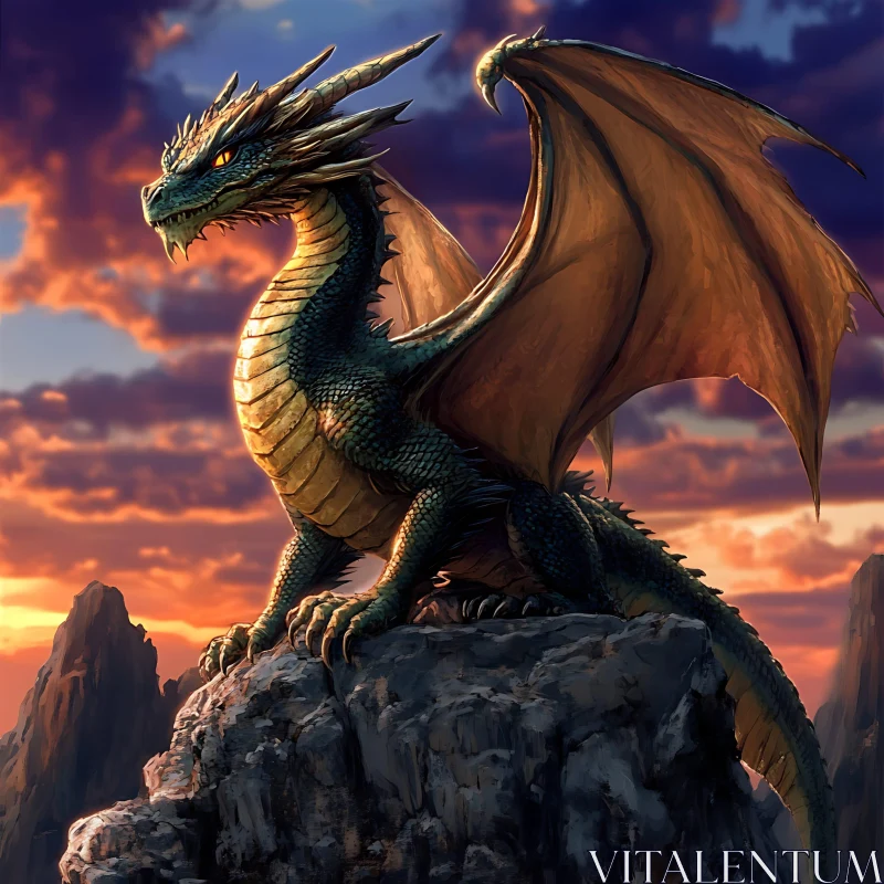 AI ART Sunset Dragon on Rocky Outcrop