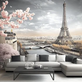 Paris Spring Scene with Eiffel Tower and Blossoms