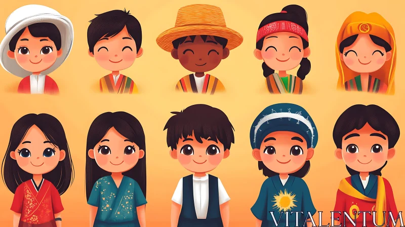 Diverse Cartoon Kids in Traditional Clothing AI Image