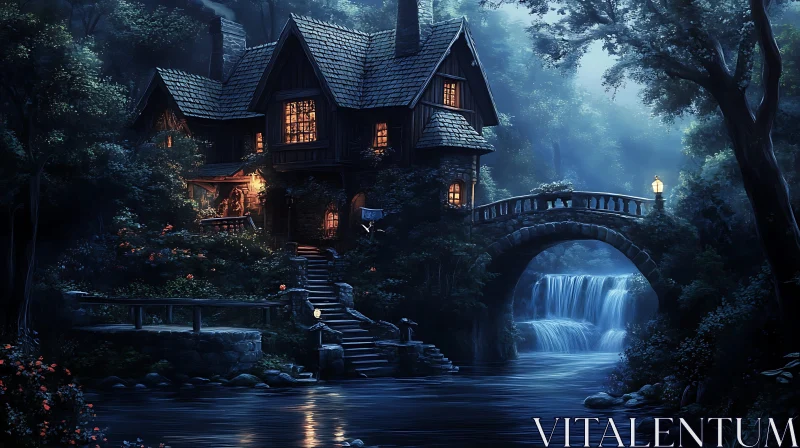 AI ART Picturesque Home with Waterfall Scenery