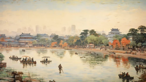 Tranquil Lakeside Scene with Ancient Buildings