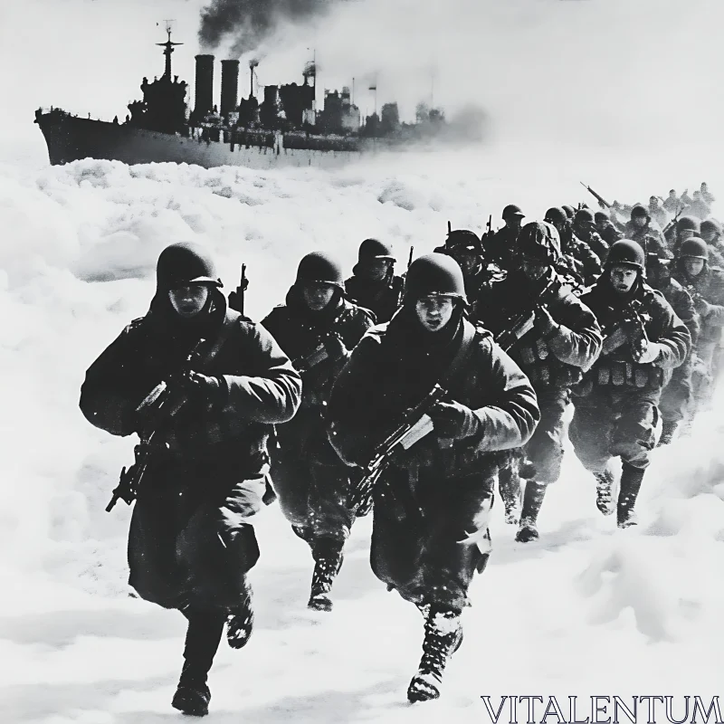 Monochrome Soldiers in Snowy Landscape AI Image