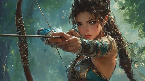Female Archer in Forest Scene