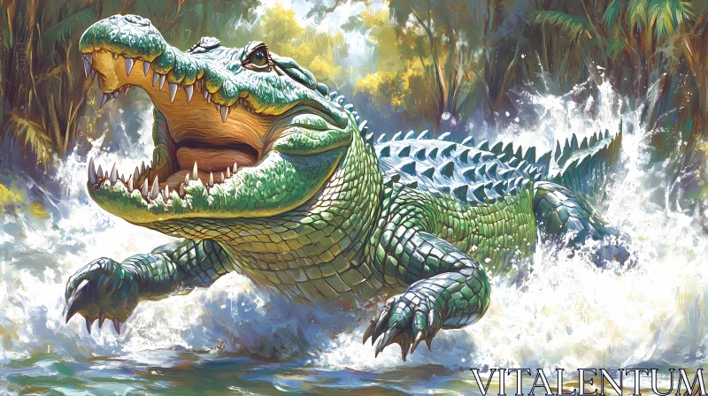 Crocodile Splashing Out of Jungle Water AI Image