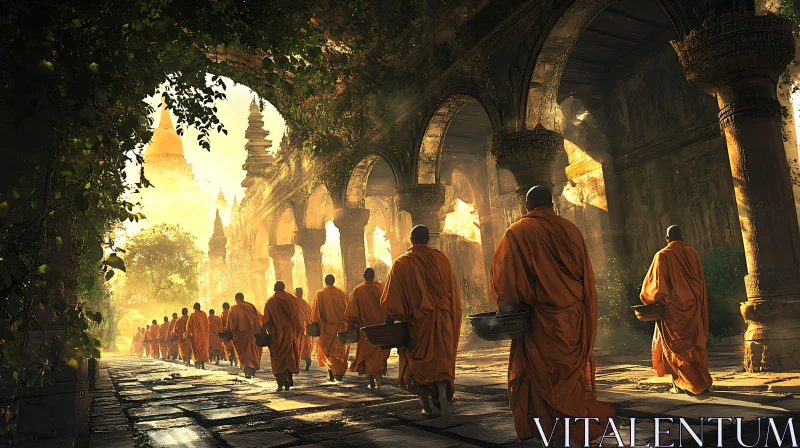 Procession of Monks in Ancient Temple AI Image