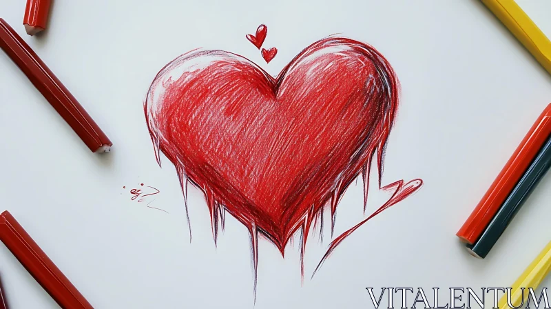 AI ART Red Heart Sketch Colored Pencils