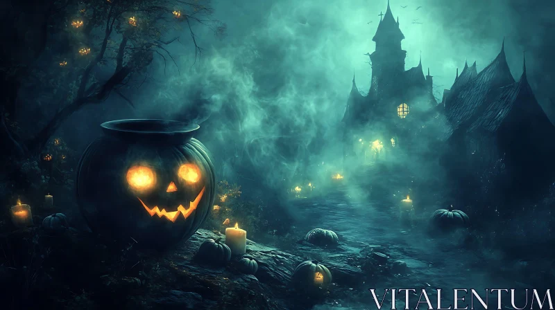 AI ART Spooky Pumpkin and Haunted House Scene