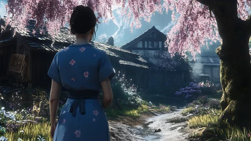 Woman Gazing at Village in Bloom