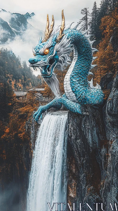 AI ART Blue Dragon Waterfall Guardian