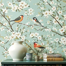 Decorative Room with Floral Bird Wallpaper
