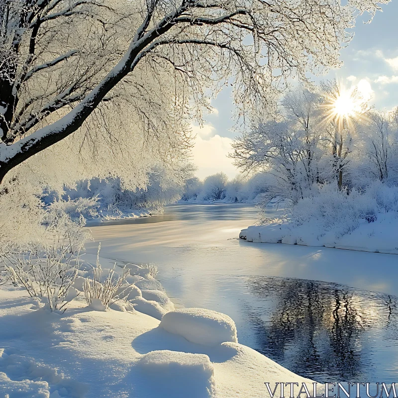 Serene Winter Landscape with Reflective River AI Image