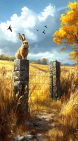 Autumn Plains with Rabbit and Birds