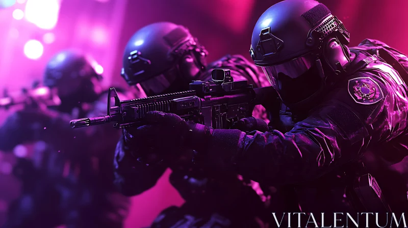 Tactical Squad Under Neon Lights AI Image