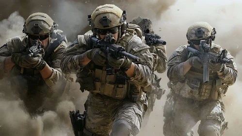 Military Unit Advancing Through Dust