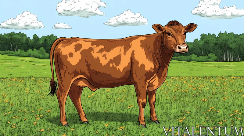 Cow Grazing in Sunlit Field AI Image