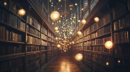 Mystical Library with Glowing Orbs