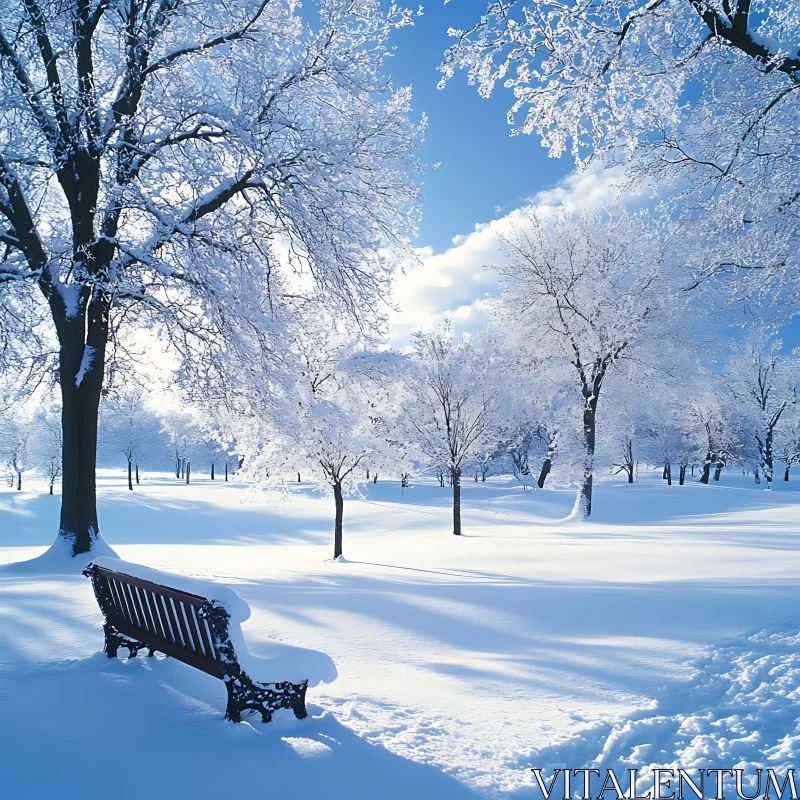 Serene Winter Landscape with Snowy Trees and Bench AI Image