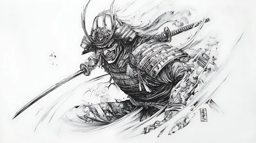 Monochrome Samurai Illustration with Sword