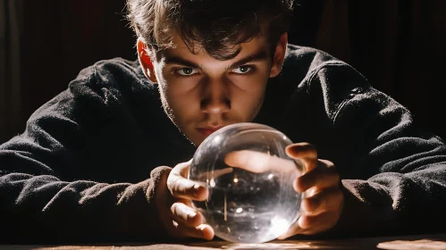 Young Man Predicting Future with Crystal Ball