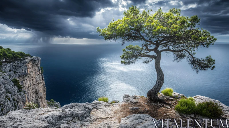 Lone Tree on a Stormy Cliff AI Image