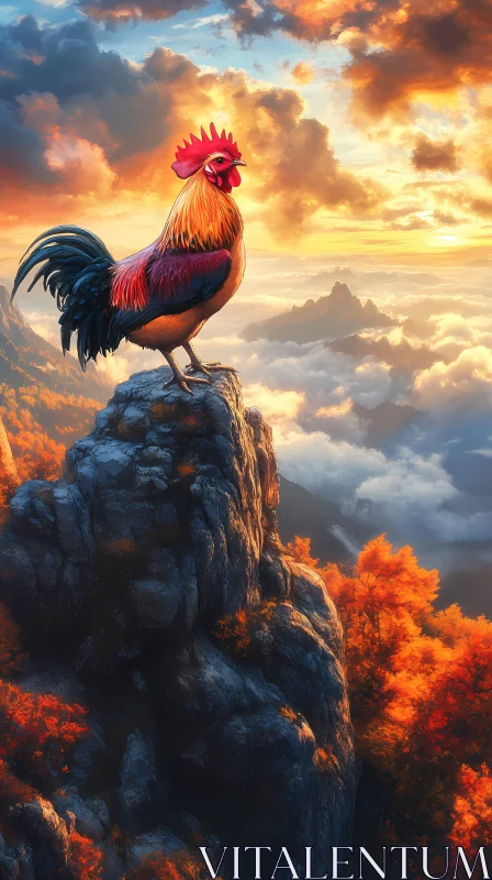 Rooster at Sunrise on Cliff AI Image