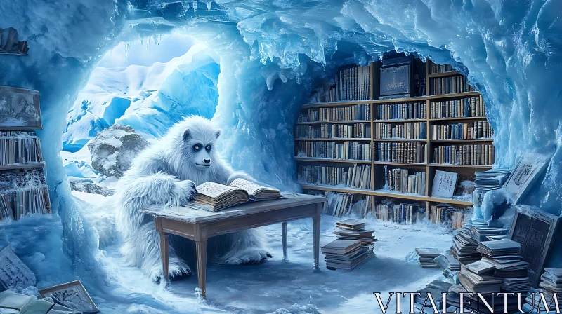 AI ART Snow Creature Reading a Book in Cave