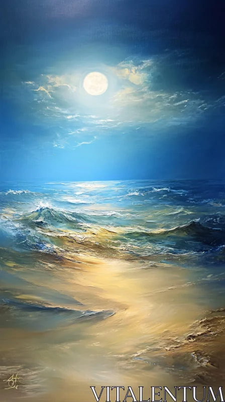 AI ART Full Moon Reflection on Ocean Waves at Night