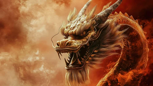 Legendary Golden Dragon Amongst Fire and Smoke