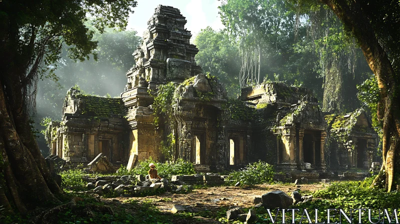 Ancient Stone Temple Covered in Greenery AI Image