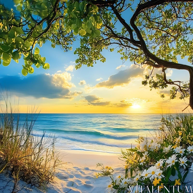 Tranquil Beach Sunset With Vibrant Flowers AI Image