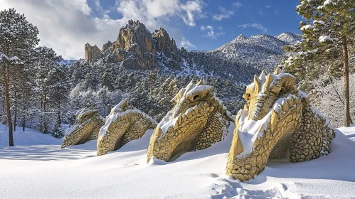 Snow Covered Dragon Sculptures