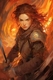 Female Warrior in Fiery Battle Stance