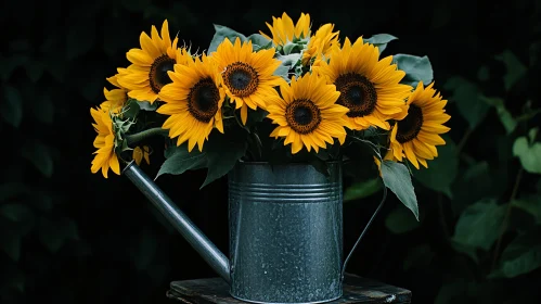 Rustic Sunflowers Arranged in Watering Can