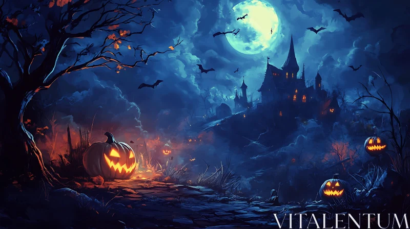 Moonlit Halloween Castle with Jack-o'-lanterns AI Image