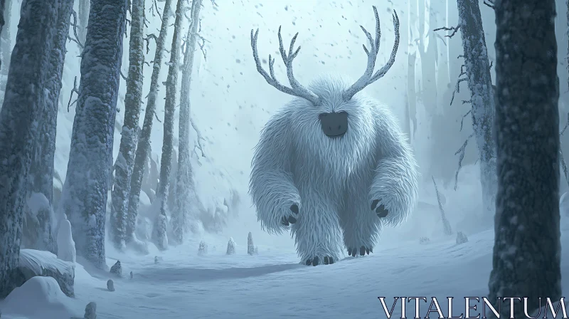 Snowy Forest Monster with Antlers AI Image