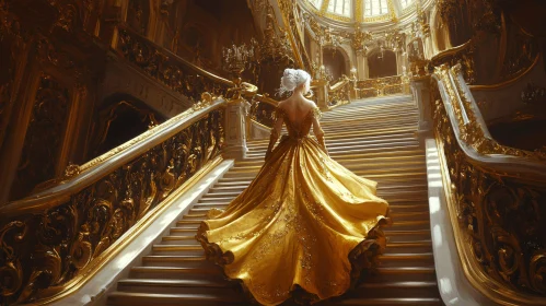 Person in Golden Gown on Lavish Staircase