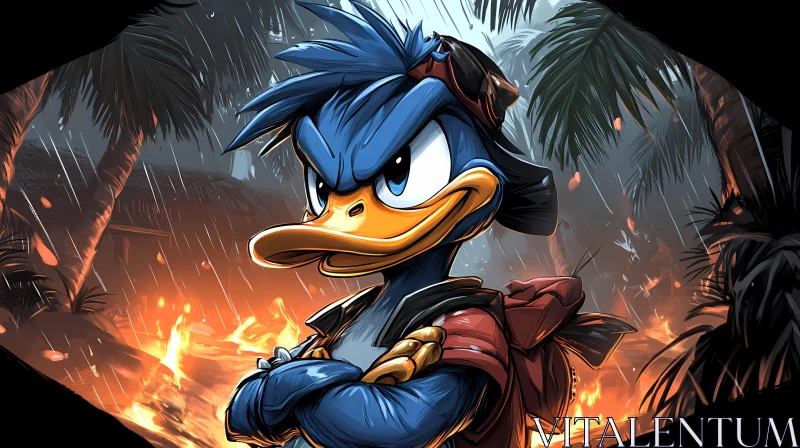 Fiery Jungle Cartoon Duck Illustration AI Image