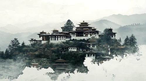 Serene Monastery in Misty Mountains